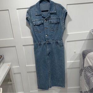 SHEIN Blue Denim Button-Front Midi Dress